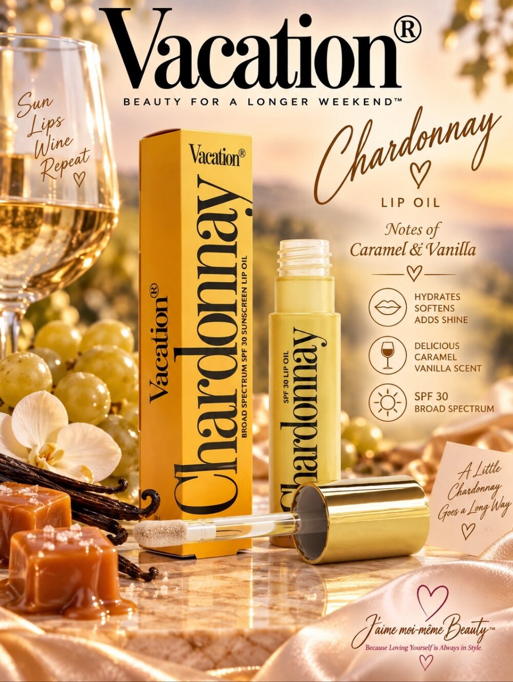 Vacation Chardonnay Hydrating Lip Oil SPF 30 - Caramel & Vanilla Scent - NEW